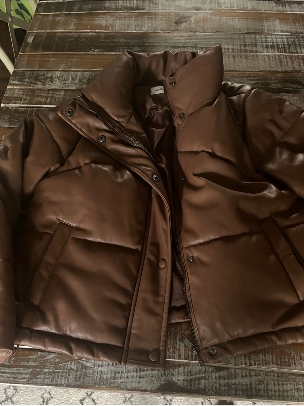 Women's Brown Faux-Leather Puffer Jacket - Quilted High Collar
